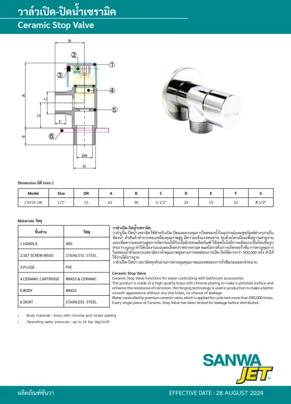 วาล์วเปิด-ปิดน้ำเซรามิค (สต๊อปวาล์ว) 1 ทาง 1/2″ ซันวา เจ็ท - Image 2